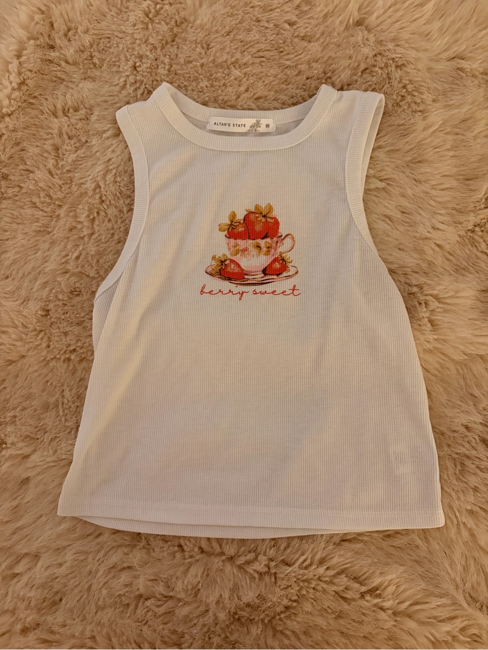 Altar'd State White Ribbed Crop Tank with Strawberry Teacup Graphic